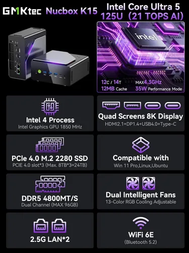 Vista 2 de GMKtec K15 AI Mini PC Oculink Intel Ultra 5 125U 32GB DDR5 512GB SSD