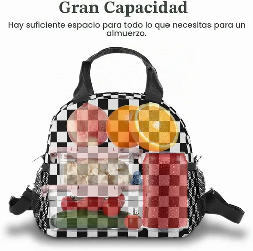 Vista 5 de Lonchera aislada, reutilizable, lavable, duradera, ligera, a cuadros, tamaño único