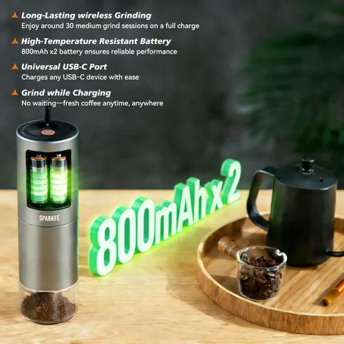 Vista 4 de Molinillo de café eléctrico portátil, molinillo de mano recargable con rebabas cónicas de acero inoxidable, ajustes de molienda ajustables