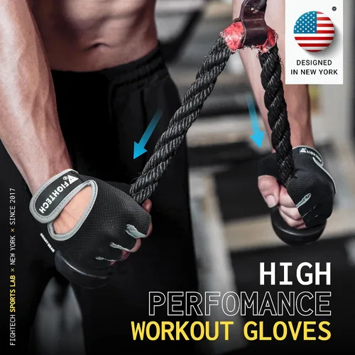 Vista 4 de FIGHTECH Guantes de entrenamiento para hombres y mujeres, guantes sin dedos para levantamiento de pesas con palmas acolchadas, guantes de gimnasio
