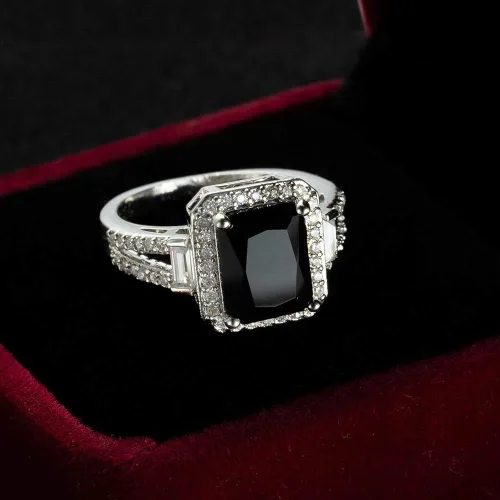 Vista 2 de Anillo de compromiso de plata de ley 925 con corte cuadrado y ónix negro, anillo de compromiso, anillo de compromiso de boda con circonita cúbica