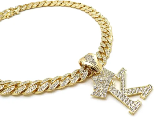 Vista 4 de Colgante con inicial K del alfabeto de Hip Hop y collar de cadena cubana con cerradura de caja helada completa de 0.472 in y 18 pulgadas, Chapado