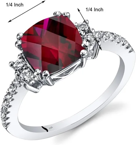 Vista 3 de PEORA Anillo de rubí creado para mujer, oro blanco de 14 quilates con topacio blanco auténtico, diseño de 3 quilates, corte cojín de 0.315 in