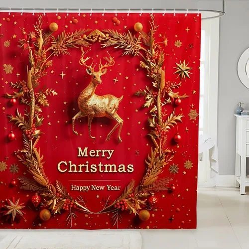 Vista 9 de Homewish Cortina de ducha de árbol de Navidad, juego de cortina de ducha de baño con diseño de copo de nieve dorado para niños y adultos, cortina