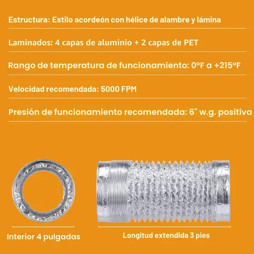 Vista 3 de Manguera de ducto de ventilación de secadora flexible de 4" de servicio pesado para espacio reducido de 3 pies, kit de ductos de papel de aluminio