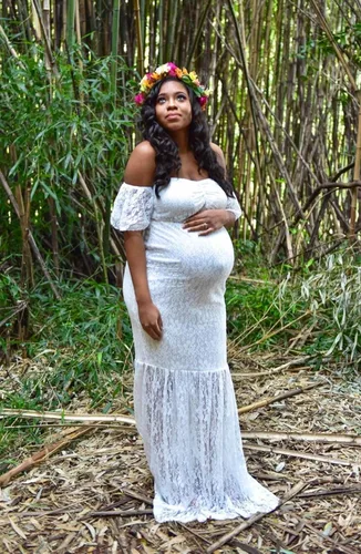 Vista 5 de ZIUMUDY Vestido largo para mujer, con hombros descubiertos, manga con volantes, encaje y sirena, para baby shower, vestido de fotografía