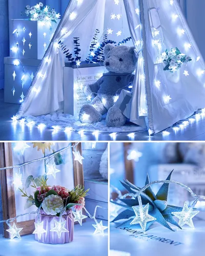 Vista 4 de Minetom Guirnalda de luces de estrella enchufables – 66 pies 200 luces LED de estrella de hadas con control remoto y temporizador, 8 modos