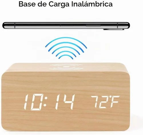 Vista 4 de OCT17 Reloj despertador con almohadilla de carga inalámbrica Qi, compatible con iPhone, Samsung, reloj digital LED de madera, función de control