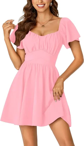 Vista 14 de Rooscier Minivestido acampanado de manga corta con volantes, cuello cuadrado, envolvente y espalda anudada para mujer