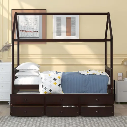 Vista 3 de Cama de madera maciza tamaño individual con techo, nido, 3 cajones de almacenamiento, sofá cama de plataforma para muebles de dormitorio, sala