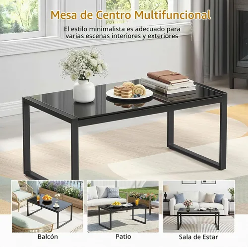 Vista 6 de ONBRILL Mesa de café rectangular con escritorio de vidrio templado, mesa de café para exteriores con marco galvanizado y pies ajustables para patio