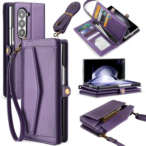 Vista 9 de Funda tipo cartera para Samsung Galaxy Z Fold 3 para mujer con 【Soporte para S Pen】, soporte para tarjetas con bloqueo RFID, funda de teléfono