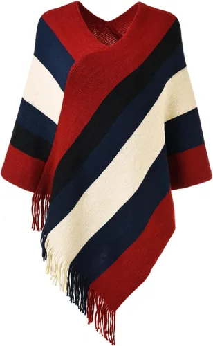 Vista 9 de Ferand Suéter tipo poncho a rayas para mujer, acogedor chal de punto con flecos para otoño e invierno Negro & gris