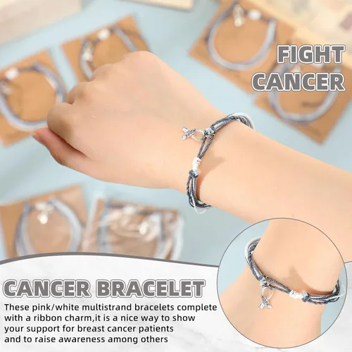 Vista 3 de Huquary 50 pulseras trenzadas de cinta rosa con colgante ajustable para el cáncer de mama, accesorios de regalo para el cáncer de mama, 50