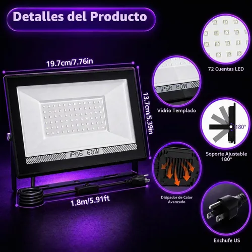 Vista 6 de T-SUN Paquete de 2 luces LED negras de 60 W, luz de inundación de luz negra