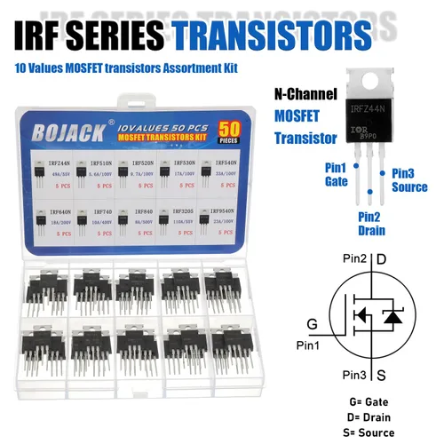 Vista 4 de BOJACK 10 valores 50 piezas IRFZ44N IRF510N IRF530N IRF540N IRF640N IRF740 IRF840 IRF3205 IRF9540 IRF serie transistores MOSFET Surtido Kit