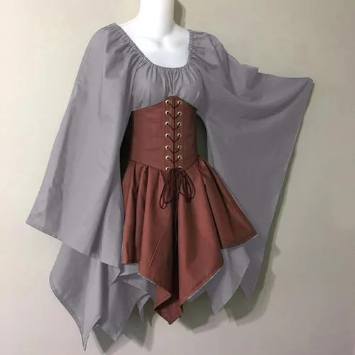 Vista 3 de Attine Disfraz retro medieval para mujer, vestido gótico vikingo irlandés, vestido de cosplay de elfo, vestido victoriano con mangas de trompeta