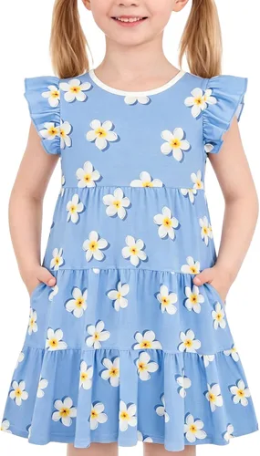 Vista 16 de Vestido casual para niñas, de algodón suave, manga corta, transpirable, acampanado, para adolescentes, talla 2T, 3T, 4T, 5, 6, 7, 8, 9, 10, 12, 13