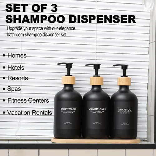 Vista 6 de Dispensador de champú y acondicionador, 16.9 onzas, juego de 3 dispensadores de champú de ducha recargables de plástico con bandeja de bambú