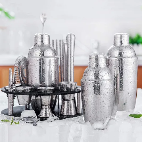 Vista 2 de Kit de camarero con soporte, juego de coctelera, 19 piezas de acero inoxidable kit de barman de cóctel perfecto para el hogar con herramientas