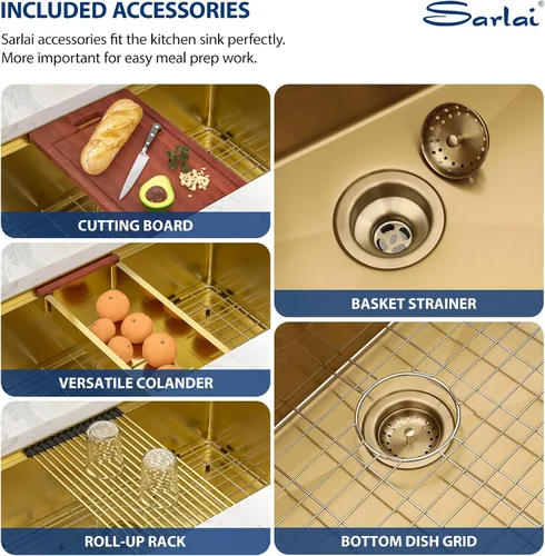 Vista 7 de Sarlai Fregadero de cocina empotrado de 30 pulgadas dorado - Fregadero de cocina de 76,2 cm x 45,7 cm con repisa para estación de trabajo de acero
