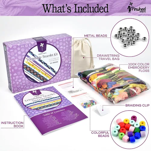 Vista 3 de Kit de Pulsera de Amistad de Pinwheel Crafts – Kit de Fabricación de Pulsera de Hilo DIY para Niñas de 8 a 12 años – 100 Hilos, Cuentas
