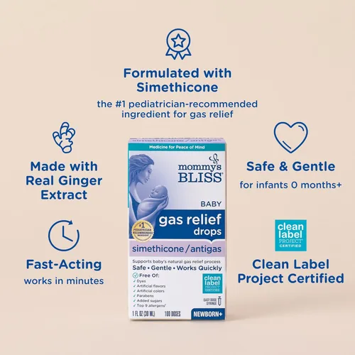 Vista 3 de Mommy's Bliss Botella de gotas de alivio de gas, sabor a extracto de jengibre, 1 onza líquida #1 pediatrician-recommended ingredient, simethicone