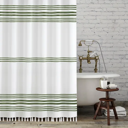 Vista 11 de Seasonwood Cortina de ducha gris y blanca con borlas Cortinas de ducha estilo granja moderna para decoración de baño 72L"x72A" Lavable a máquina