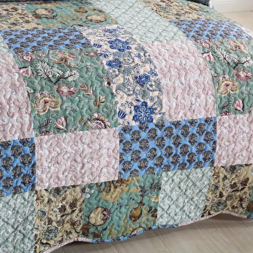 Vista 4 de MarCielo Juego de colcha acolchada de 3 piezas, colcha estampada, juego de ropa de cama, manta, colcha ligera (flor azul, Queen) (B026_Q)