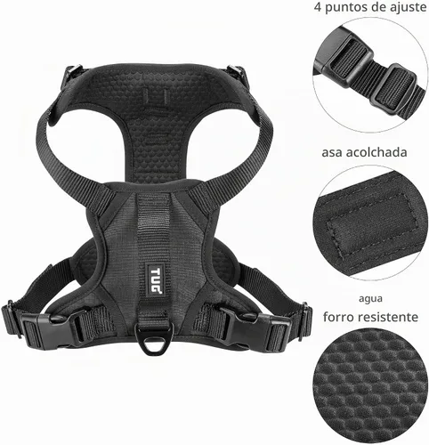 Vista 3 de TUG Arnés para perro con 2 puntos de conexión para correa Ajustable, acolchado, liviano Asa en la parte trasera Sin tirones, clip frontal Negro