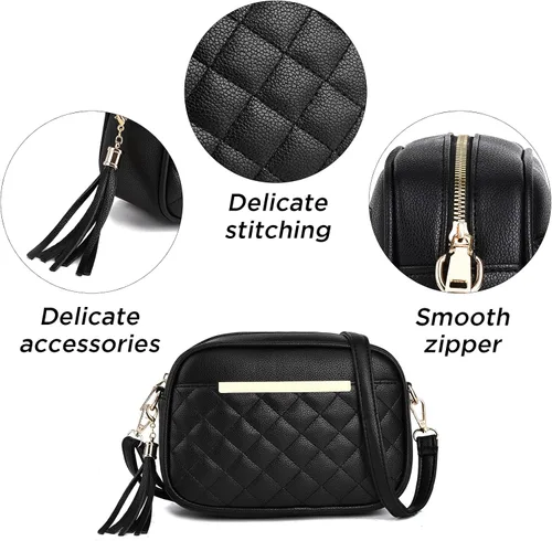 Vista 5 de I IHAYNER Bonito bolso pequeño cruzado para mujer, bolso de hombro acolchado para niñas, bolso ligero con borla