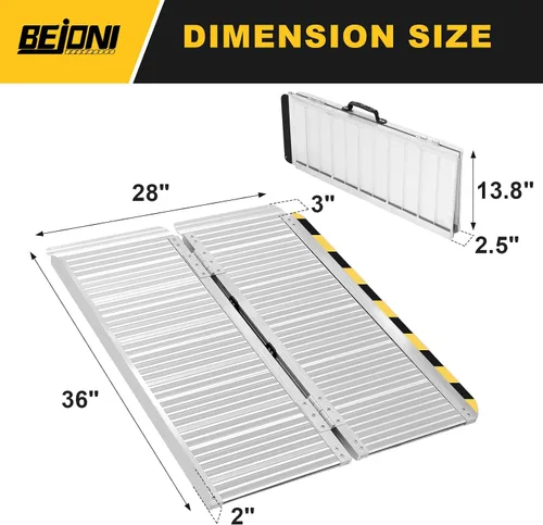 Vista 2 de BEJONI Rampa de silla de ruedas portátil plegable plateada de 3 pies, rampa de umbral de aluminio antideslizante para escalones y puertas del hogar