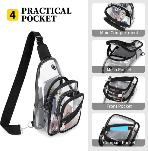 Vista 4 de Bolsa transparente para eventos en estadios, mochila transparente para mujer, impermeable, de PVC, cangurera cruzada para conciertos