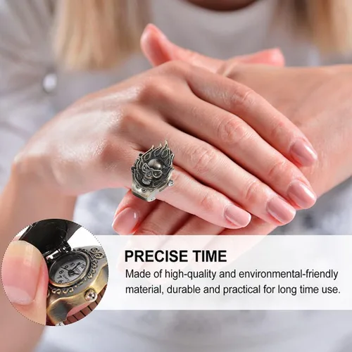 Vista 4 de ifundom Reloj de dedo para hombre, estilo punk, diseño de calavera, extensión, correa de acero inoxidable, tamaño ajustable