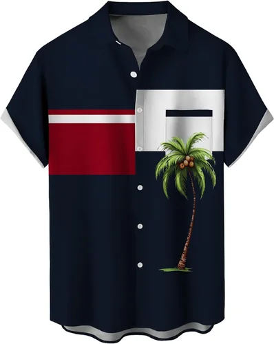 Vista 14 de Camisas tropicales con botones para hombre, camisas hawaianas de manga corta, casuales para vacaciones, camisas de playa holgadas Beige-playa escena