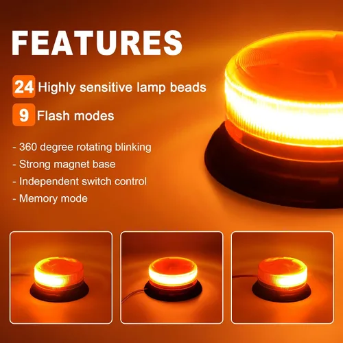 Vista 3 de Luz estroboscópica ámbar de 9 patrones magnéticos para camiones y quitanieves 24 LED de cobertura de 360°, cable de 10 pies, imán fuerte, 12-24 V