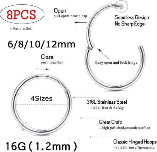 Vista 2 de Jstyle 8Pcs 16G Surgical Steel Hinged Clicker Segment Nose Rings Hoop Helix Cartilage Daith Tragus Sleeper Earrings Body Piercing 6-12MM Improved