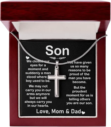 Vista 5 de Regalos de joyería significativos regalo personalizado para el primer día del padre para hijo collar de cruz regalo de cumpleaños para hijo colgante