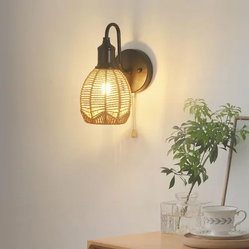 Vista 5 de Lámpara de pared de ratán, aplique de pared vintage de granja, lámpara de pared negra retro con tirador, iluminación interior cableada para sala