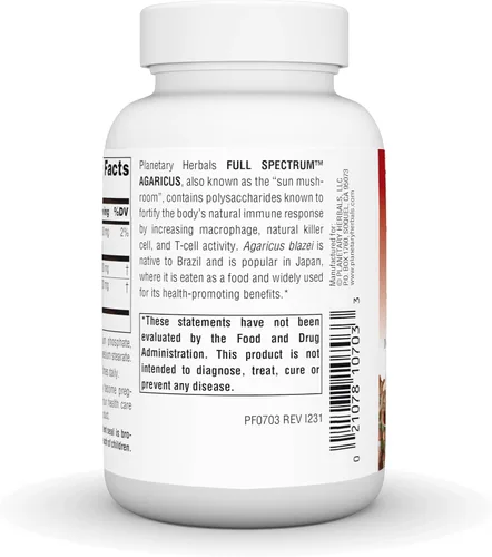 Vista 3 de Planetary Herbals Agaricus Full Spectrum 500 mg, activador de células asesinas inmunes y naturales, 90 cápsulas Immune & Natural Killer Cell
