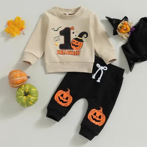 Vista 2 de Dourbesty My First Halloween - Conjunto de ropa de Halloween para bebé, sudadera de calabaza, pantalones, conjunto de ropa de Halloween