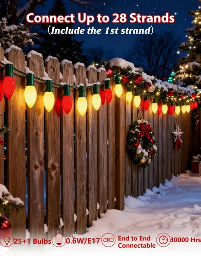 Vista 3 de Luces LED de Navidad rojas y blancas, luces de Navidad vintage C9 de 25 pies para exteriores con 26 bombillas LED, luz de Navidad extensible Luces