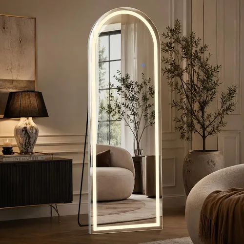 Vista 8 de Espejo arqueado de longitud completa de 71 x 26 pulgadas con luces LED, espejo de suelo con soporte, espejo de pared de longitud completa, espejo