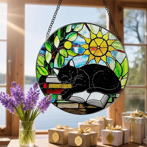 Vista 6 de Colgante de Vidriera, Gato Negro de 8 Pulgadas sobre Libro Atrapasol de Vidriera, Decoración Colgante para Ventana, Regalos para Amantes