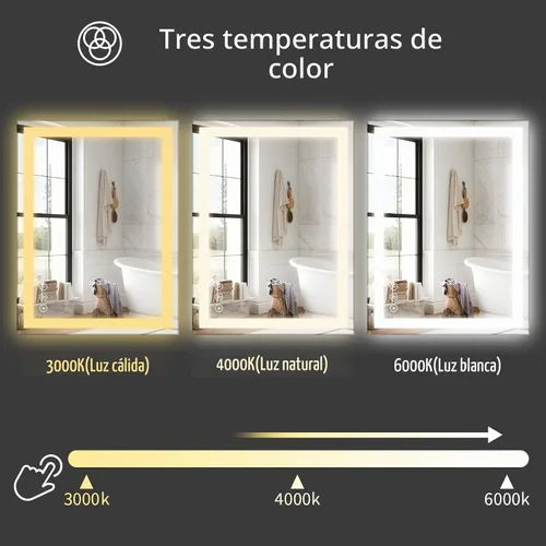 Vista 6 de Koonmi Espejo de baño LED 38x26 con luz, antivaho y 3