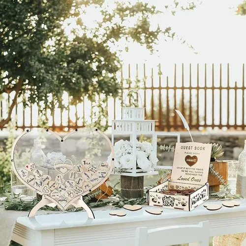 Vista 10 de Qivine Libro de visitas, libro de invitados de decoración de boda de corazón de madera, recuerdos de boda de acrílico para invitados con soporte