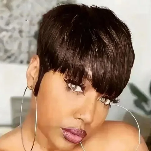 Vista 7 de Pelucas cortas de cabello humano estilo Pixie para mujeres negras, cabello brasileño virgen, corte natural marrón, sin pegamento, con flequillo