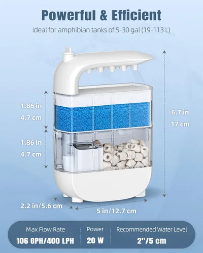 Vista 6 de Pawfly Filtro de tanque de tortuga de 106 GPH de 5 W, filtro de tortuga de bajo nivel de agua para tanques de 5 a 30 galones, filtro interno