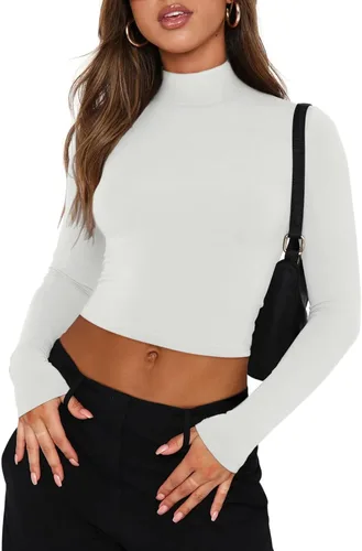 Vista 4 de REORIA Camisetas ajustadas de manga larga con cuello alto falso para mujer