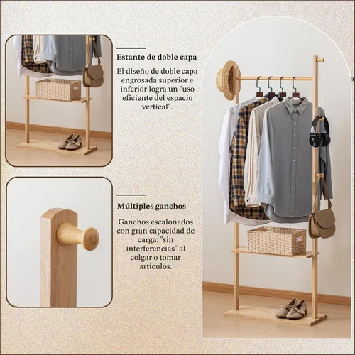 Vista 4 de SOBIBO Perchero de madera independiente con estantes y ganchos, 23.6 Madera natural